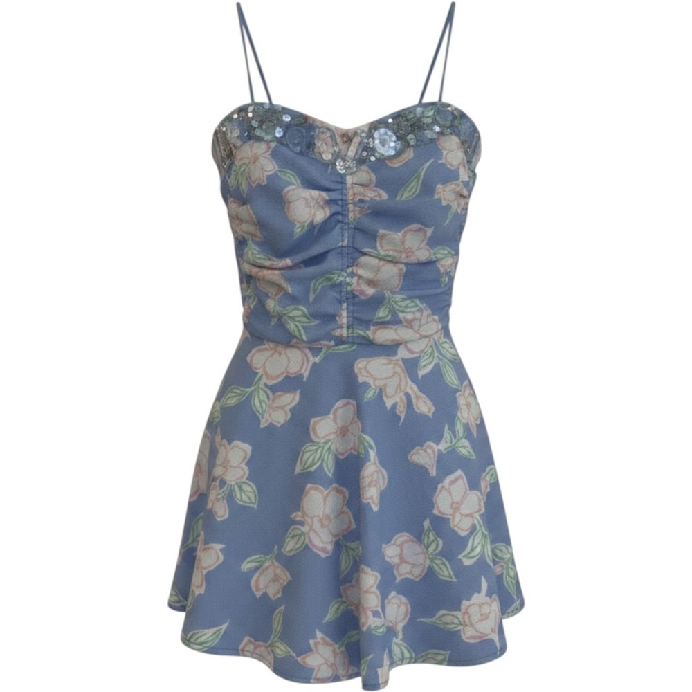 Snidel Blue Floral Crystal Embellished Romper Cutout Back SWCO152025 Size 1
